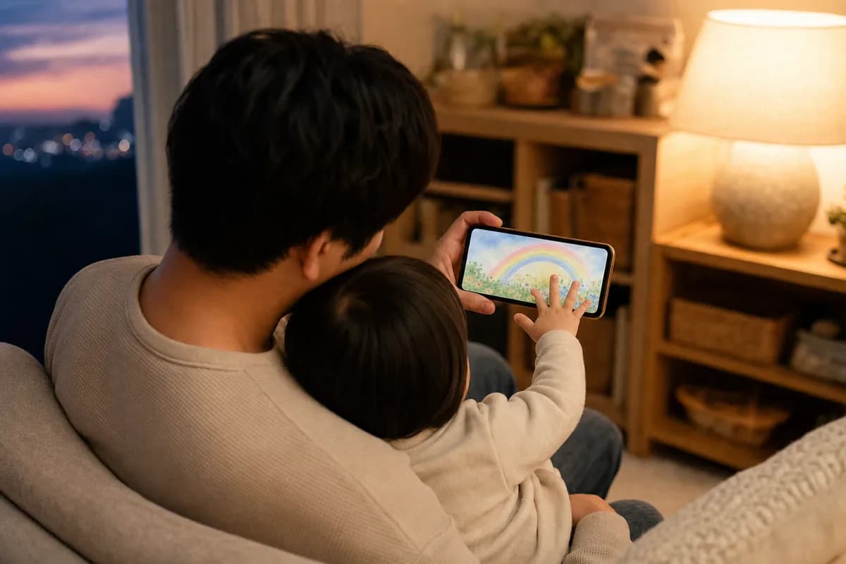 スマホの絵本をいっしょに見ている親子。子どもが画面に手をのばしています