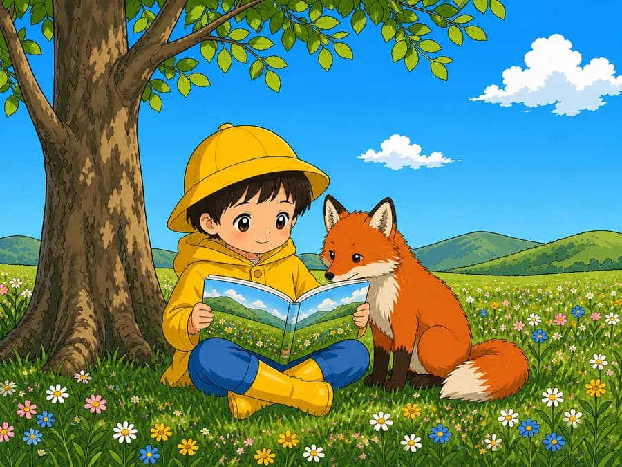 アニメタッチのタッチ。木の下で絵本を読む子どもときつね