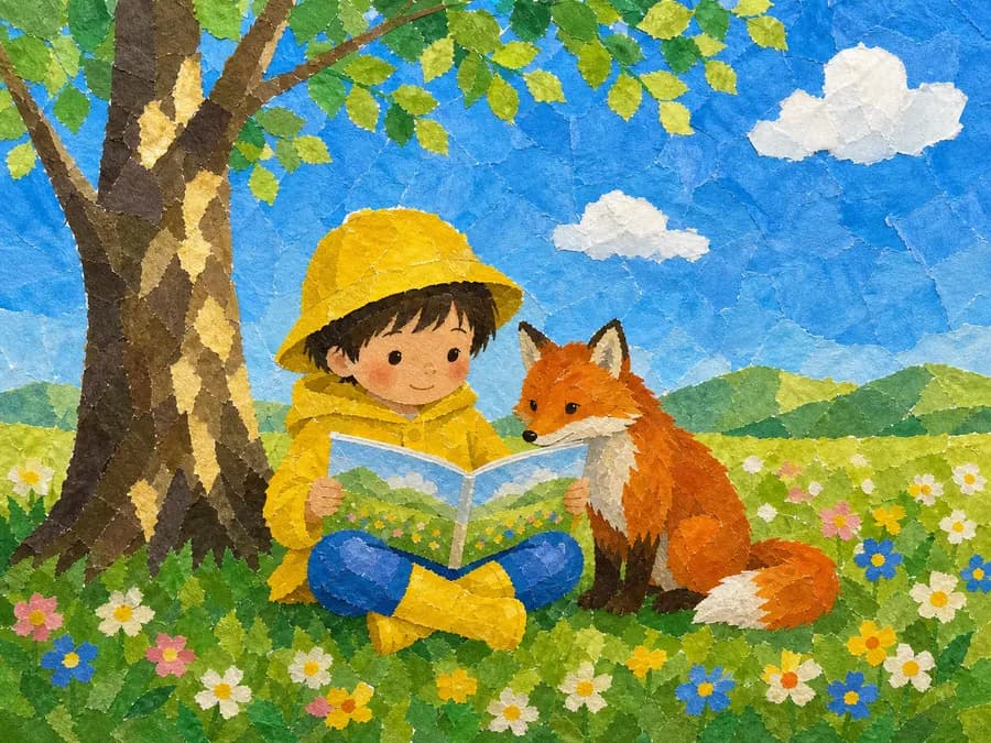 ちぎり絵タッチのタッチ。木の下で絵本を読む子どもときつね