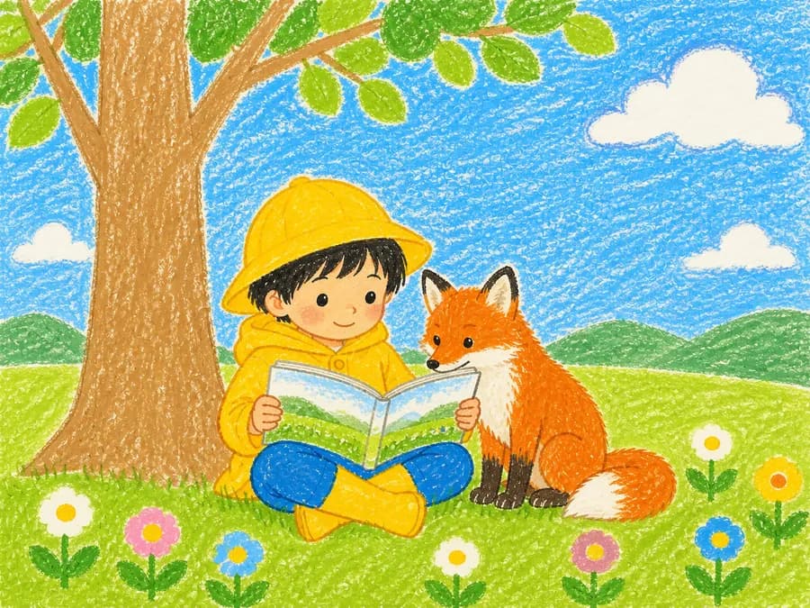 クレヨンタッチのタッチ。木の下で絵本を読む子どもときつね