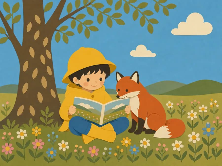 北欧風フラットタッチのタッチ。木の下で絵本を読む子どもときつね