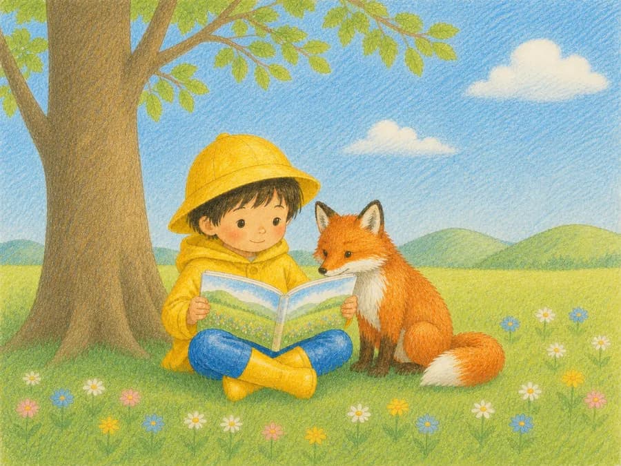 色えんぴつタッチのタッチ。木の下で絵本を読む子どもときつね