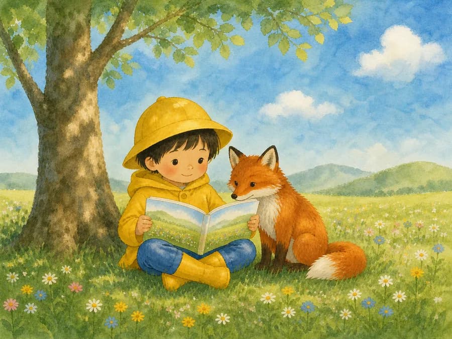 水彩タッチのタッチ。木の下で絵本を読む子どもときつね
