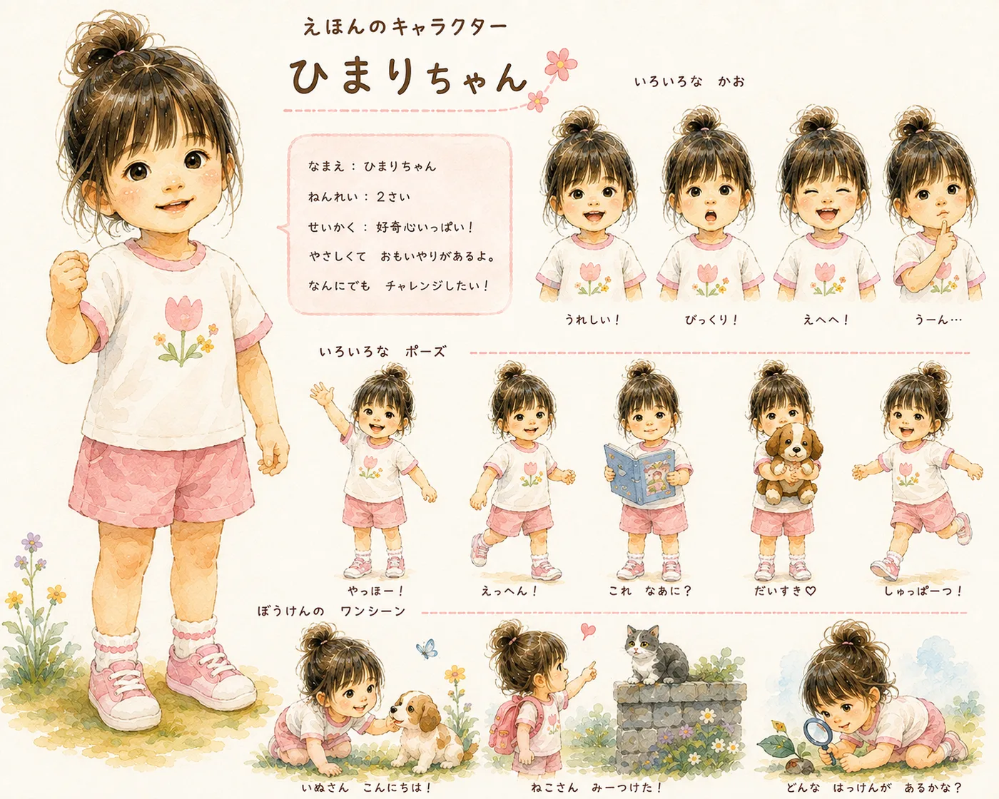 承認のときにお送りするキャラクター見本。左に全身の立ち姿、右に4種類の表情と5種類のポーズ、下に物語の一場面が並んでいます