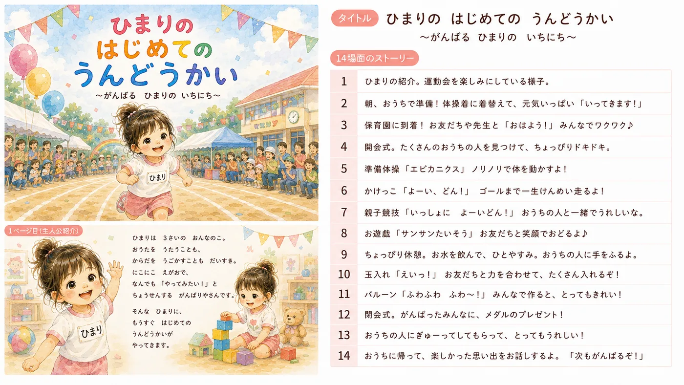 承認のときにお送りする2枚目。左に表紙と1ページ目の登場人物紹介、右に題名と全場面のあらすじが番号順に並んでいます