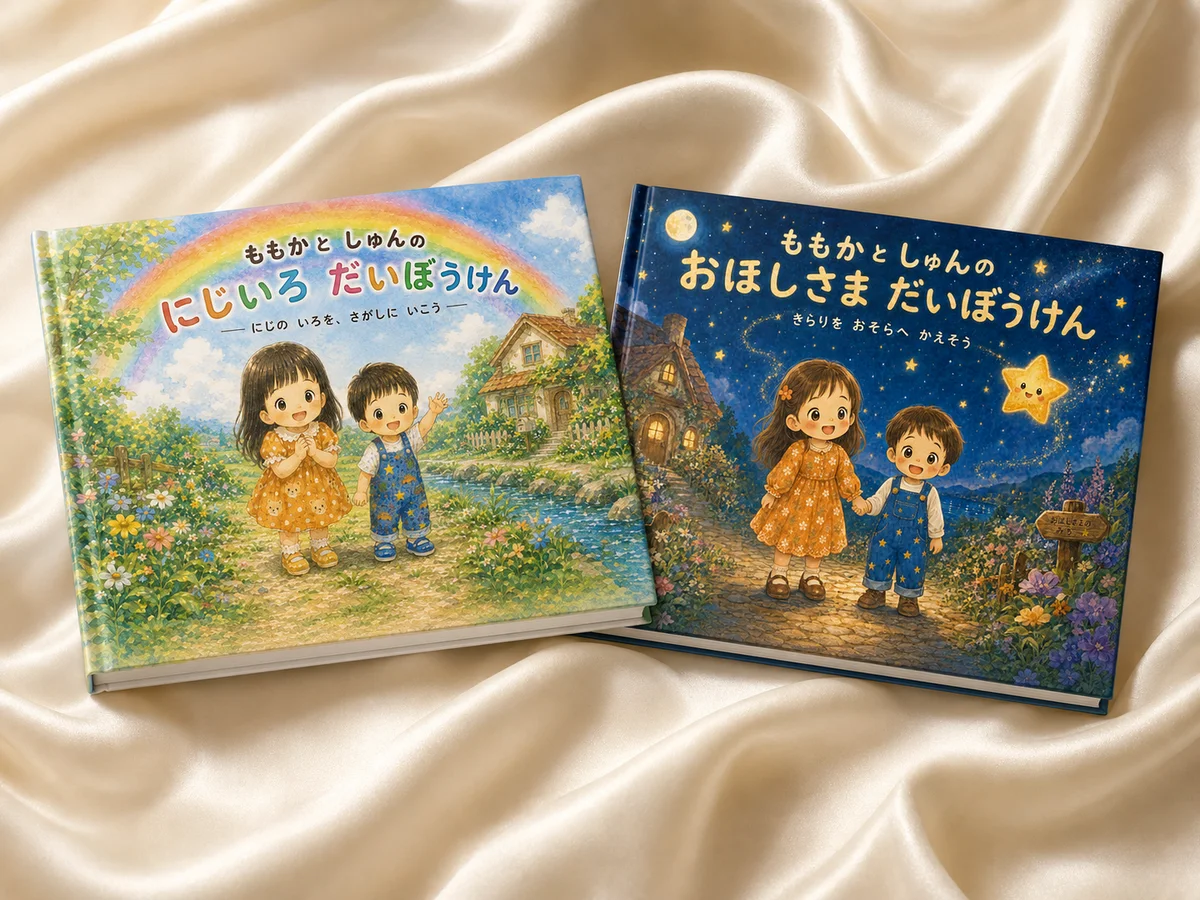 ハードカバーの紙の絵本が2冊。表紙には主人公の名前が入ったタイトルが印刷されています