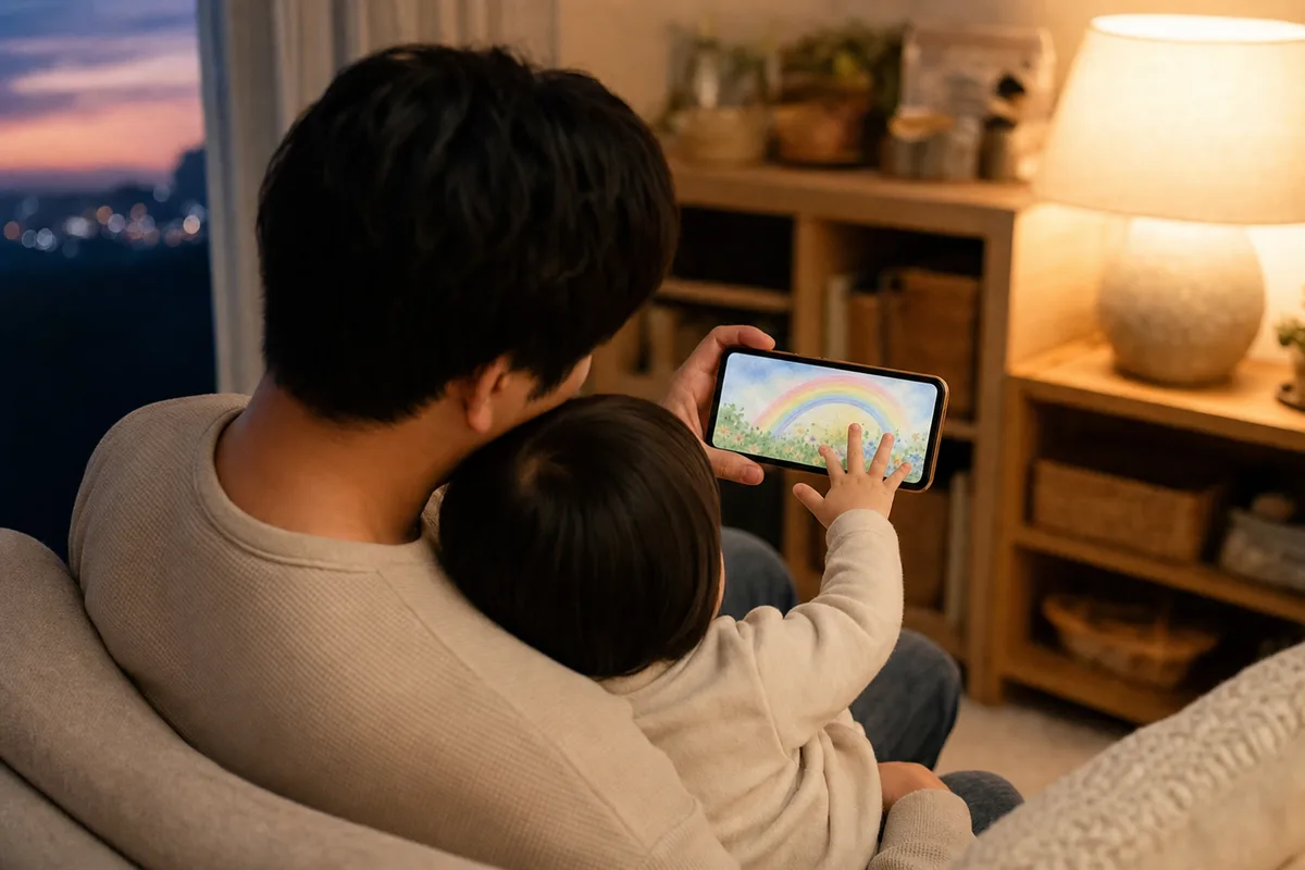 スマホの絵本をいっしょに見ている親子。子どもが画面に手をのばしています