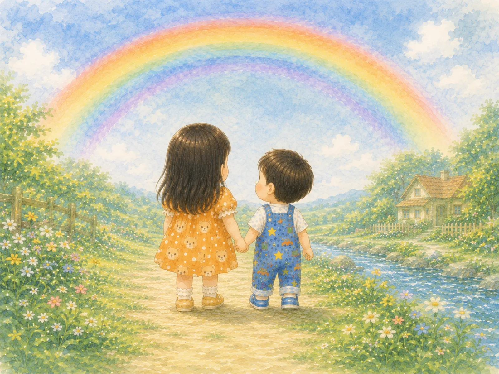 手をつないで虹を見上げるふたりの子ども。1作目の1場面です