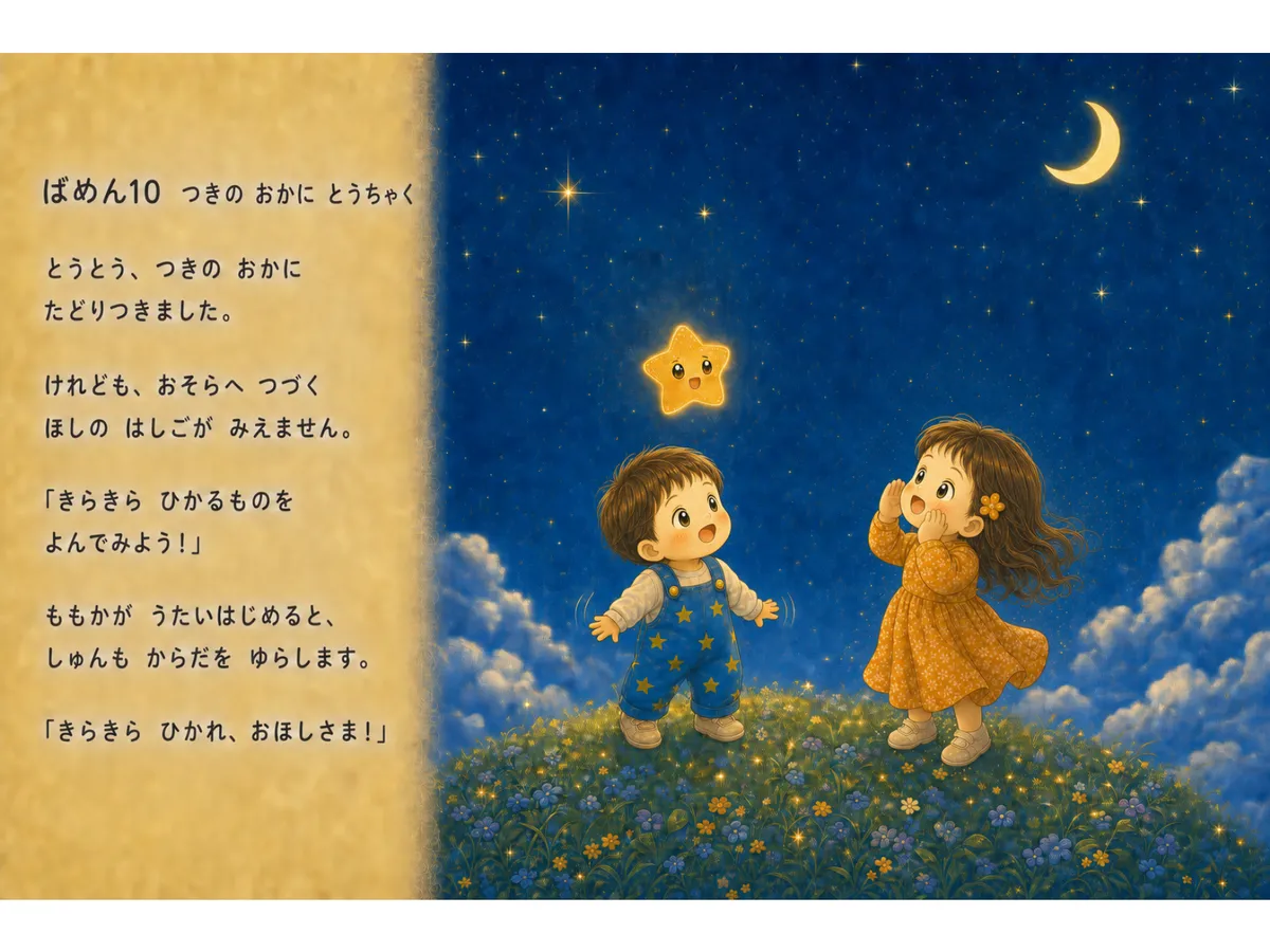 月の丘で、空へつづく星のはしごを呼ぶ場面