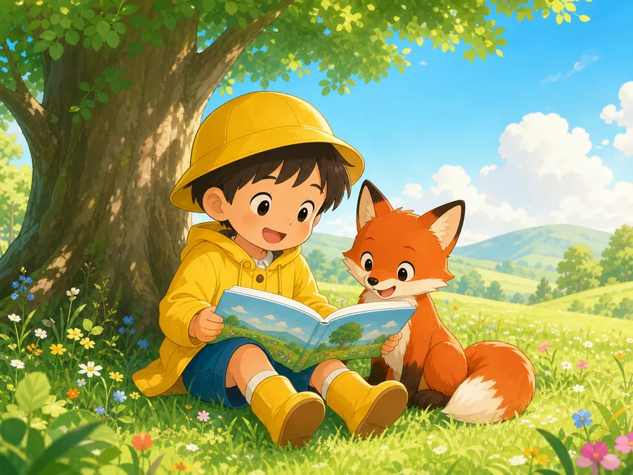 デジタル・アニメ調のタッチ。木の下で絵本を読む子どもときつね