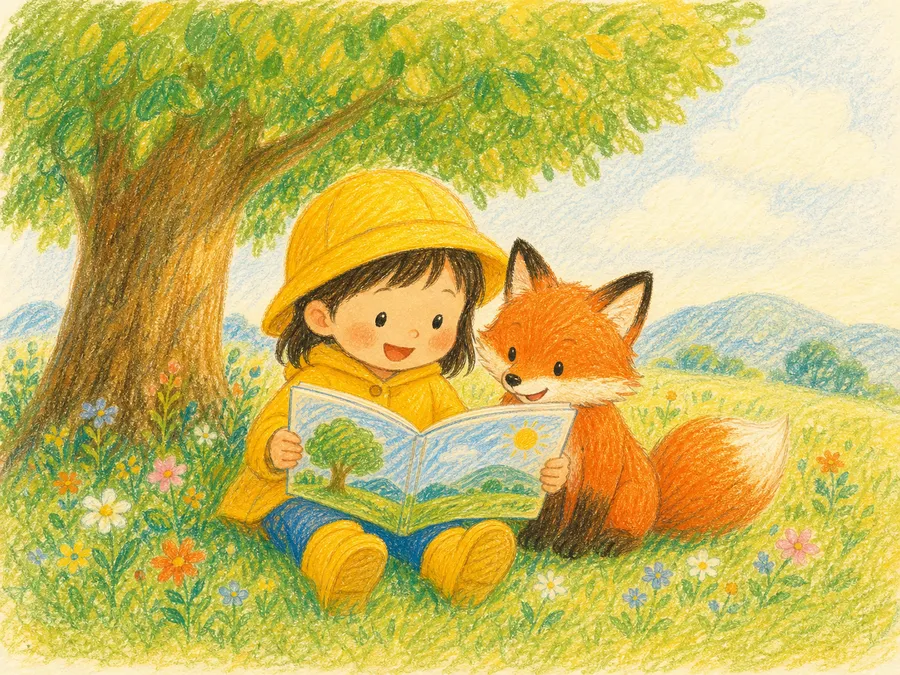 クレヨン・色えんぴつのタッチ。木の下で絵本を読む子どもときつね