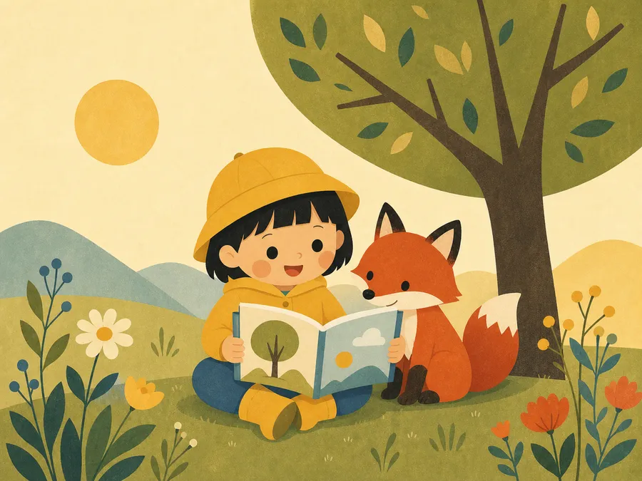 フラット北欧風のタッチ。木の下で絵本を読む子どもときつね