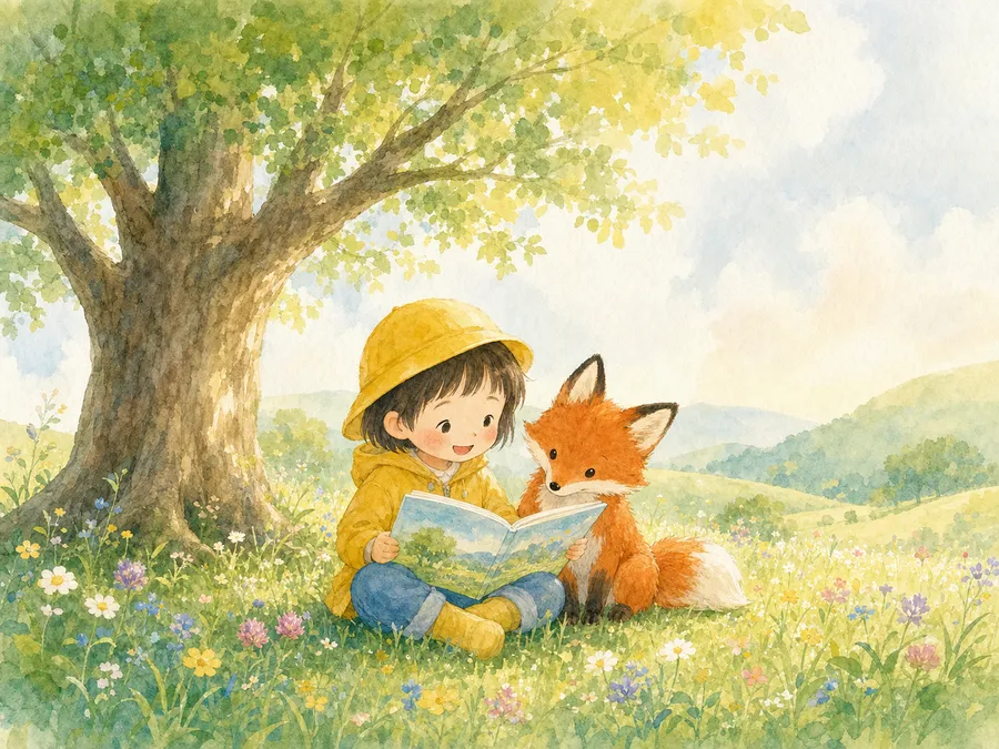 やわらか水彩のタッチ。木の下で絵本を読む子どもときつね